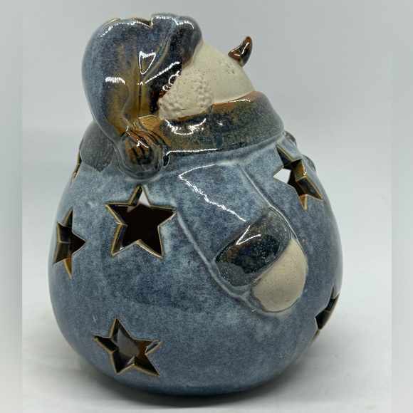 Ceramic Blue Holiday Snowman Tea Light Candle Holder with Star Cut Outs - Picture 5 of 8